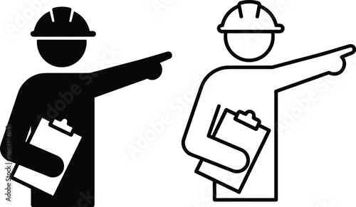 Construction foreman icon, supervisor with clipboard pointing finger, engineer in hard hat, builder silhouette and outline, industrial inspection vector symbol.