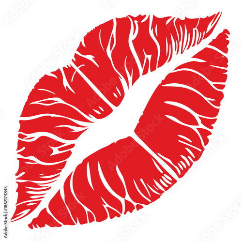 A bold, stylized red lipstick kiss mark centered on a plain white background.