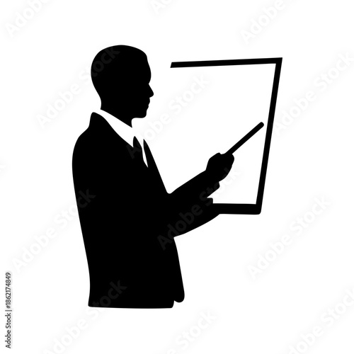 Minimalist vector silhouette of a man in a suit pointing at an empty presentation screen with a pointer