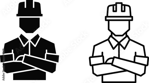 Construction worker icon set, engineer with hard hat, builder avatar, foreman symbol, solid and outline style, industrial labor safety vector illustration.