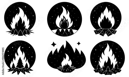 Campfire with flames and stars in circular shapes on transparent background night sky