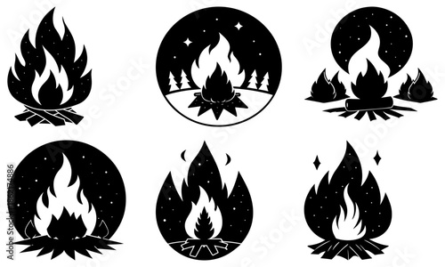 Campfire silhouettes with stars and trees on transparent background flames night