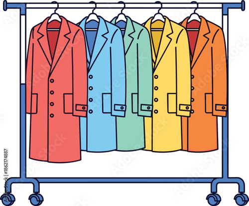 Colorful trench coats collection on rolling clothing rack, vector illustration of autumn outerwear for fashion boutique or wardrobe design
