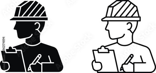 Construction worker icon set, professional engineer profile with clipboard and hard hat, safety inspection supervisor in solid and outline styles.