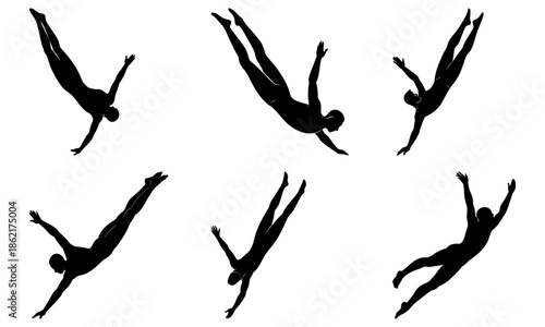 Diver Performing Backward Somersault in Midair Silhouette on White Background