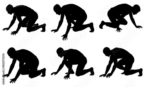 Six Black Silhouettes of People Crawling on White Background