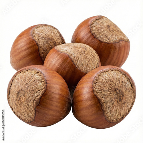 five whole hazelnuts in shell arranged in a tight, neat cluster