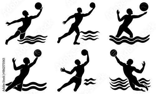 Water Polo Players Silhouettes with Balls on White Background black