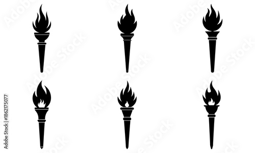 Six Torch Symbols with Flames on White Background silhouette black