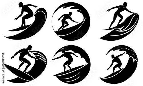 Surfers Riding Waves in Silhouette with Transparent Background surfing ocean