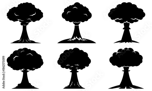 Six Black Tree Silhouettes on White Background