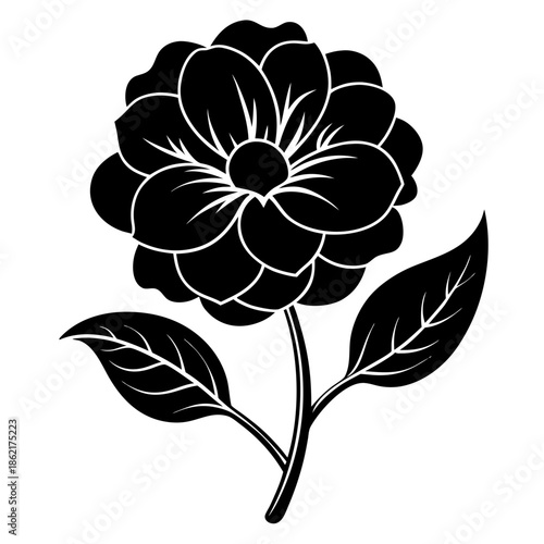 Simple black and white vector illustration of a stylized flower with two leaves and a stem 