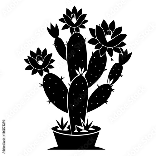 Black silhouette potted cactus plant with multiple arms and blooming flowers in a simple flat vector 