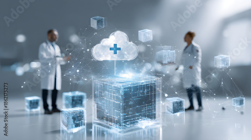 Clinical data cloud network with connected glowing medical cube and holographic cross, two doctors collaborating in blurred laboratory