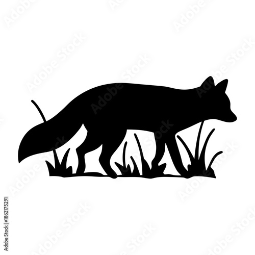 Black fox silhouette walking through grass, a simple isolated vector illustration 