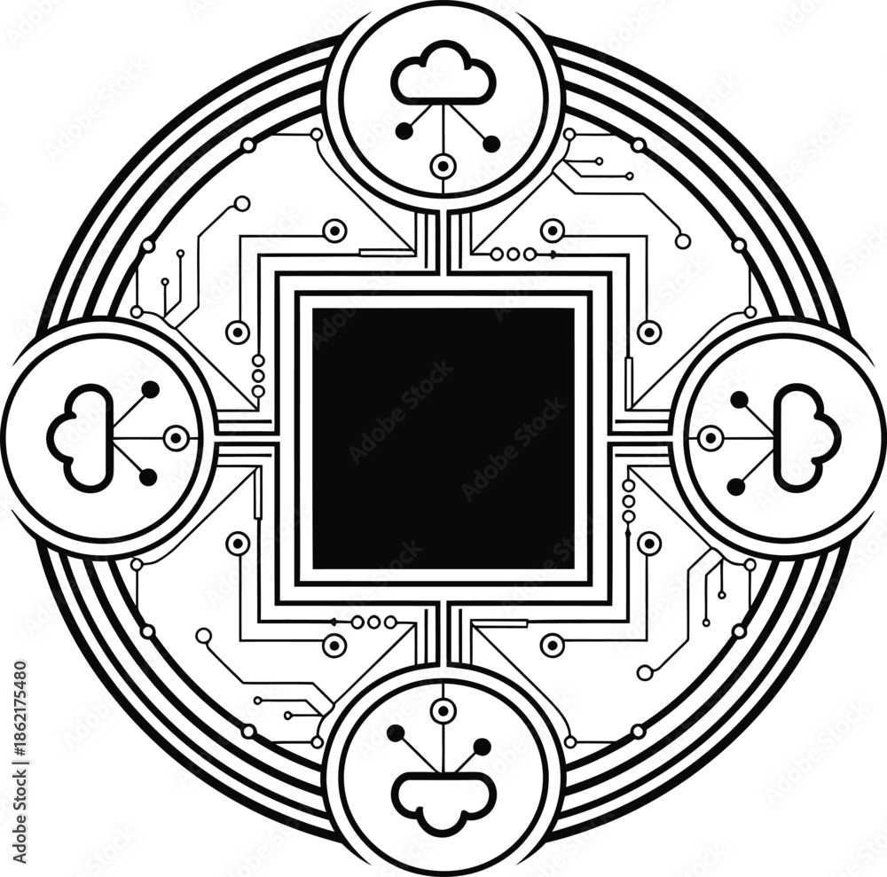 Obraz premium Abstract digital network hub with cloud connections, circuitry, and central processing unit
