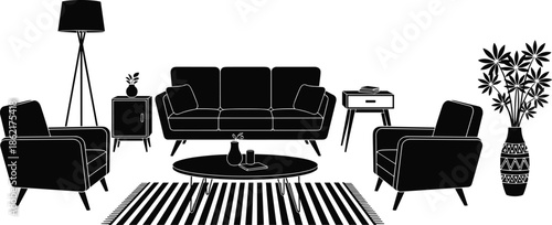 Modern living room furniture silhouette set, vector illustration of sofa, armchair, table, lamp and rug, black interior design isolated on white background.