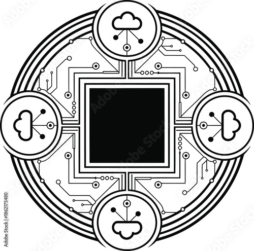 Abstract digital network hub with cloud connections, circuitry, and central processing unit