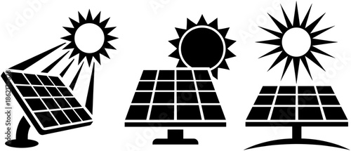 Set of black and white solar panel icons with sun symbols representing renewable energy sustainability and clean solar power technology
