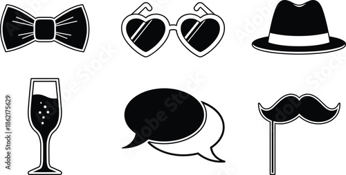 Party photo booth props collection, black vector icons of bow tie, glasses, hat and mustache for wedding or birthday celebration