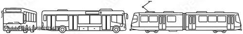 Set of public transportation vehicle line art illustrations featuring modern city bus and electric tram for urban commuting and transit design