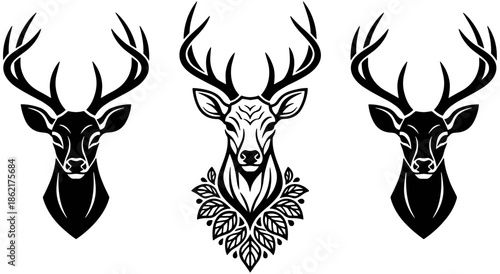 Set of three stylized deer head vector illustrations with antlers and leaf accents for hunting logos emblems and wilderness branding