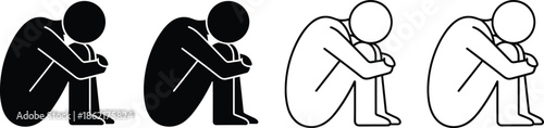 Sad man icon set, depressed person sitting on floor, lonely boy silhouette, anxiety symbol, mental health concept vector illustration.