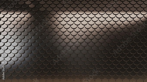Dark metallic fish scale pattern texture background with dramatic overhead lighting creating depth and shadow effects