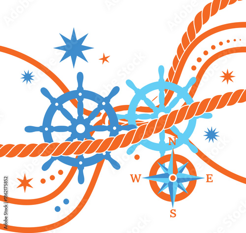 Nautical Theme Graphic With Ship Wheels, Compass, and Rope Elements