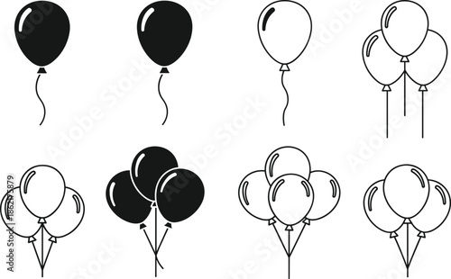 Set of balloon vector icons, black silhouettes and outlines of flying helium balloons for birthday party celebration decoration
