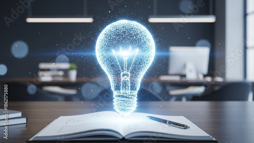 A glowing lightbulb rises from an open book on a wooden desk in a modern office setting with a blurred background