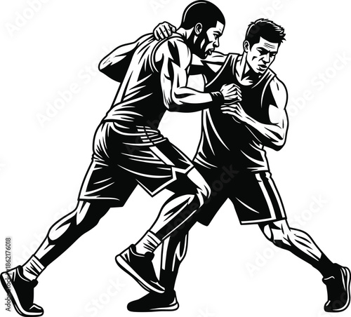 Two male athletes engaged in a wrestling match, showcasing their strength and competitive spirit