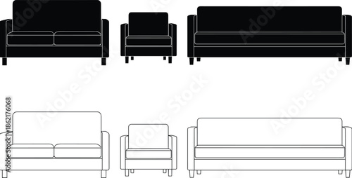 Sofa and armchair collection, black vector silhouettes and linear outlines of couches for modern living room interior design