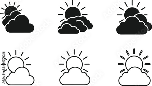 Weather icon collection, sun appearing behind clouds, black vector silhouette and outline symbols for meteorology forecast design elements