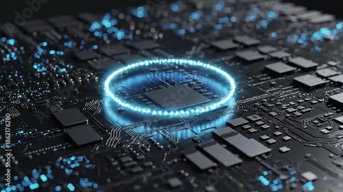 Abstract digital circuit board with glowing concentric rings and a central chip