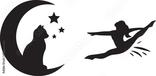 Silhouette of a cat on the moon and a dancer in the night