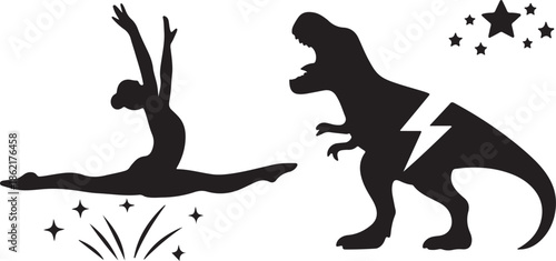 A silhouette of a gymnast and a dinosaur with sparkling star effects