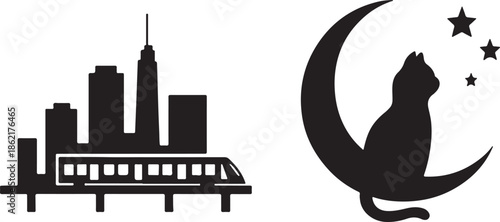 City skyline crescent moon and a silhouette of a cat looking at stars