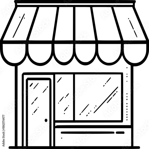 Shopfront Icon: A minimalist line drawing captures a quaint shopfront. Featuring a striped awning, a glass display window, and an inviting entrance, symbolizing a place of commerce and community.
