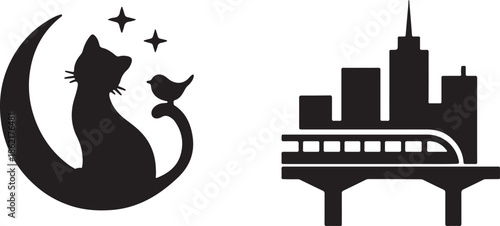 A playful cat on the moon overlooks a modern cityscape with a train