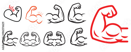Collection of diverse flexed arm and bicep icons symbolizing strength, power, and fitness