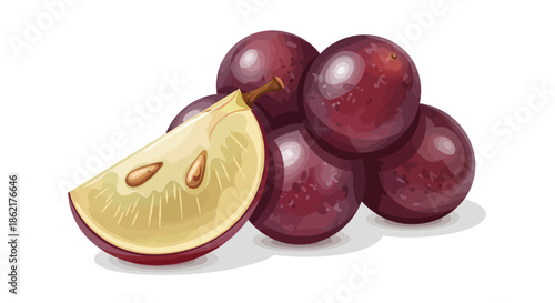 Close-up illustration of a cluster of ripe purple grapes with one cut in half revealing seeds.