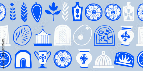 Blue and white decorative patterns a seamless repeat of vintage motifs