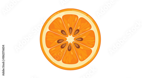 A vibrant, detailed illustration of a cross-section of a ripe orange, showcasing its juicy segments and seeds.