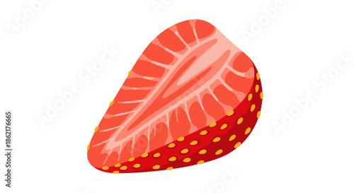 A vibrant, detailed illustration of a single strawberry cut in half, showcasing its juicy red flesh and tiny yellow seeds.