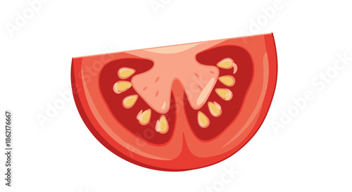A vibrant red tomato slice, showing its juicy pulp and yellow seeds, isolated on a white background, perfect for culinary designs.