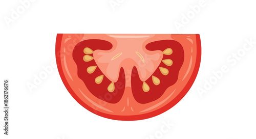 A close-up illustration of a juicy, ripe tomato slice showing its internal structure with seeds and pulp.