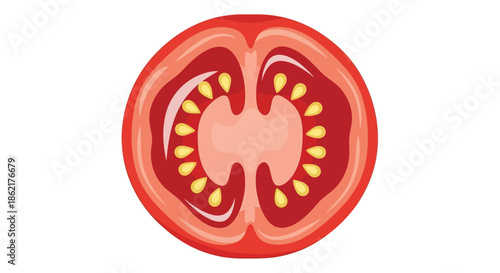 A cross-section of a ripe red tomato revealing its juicy interior with seeds.