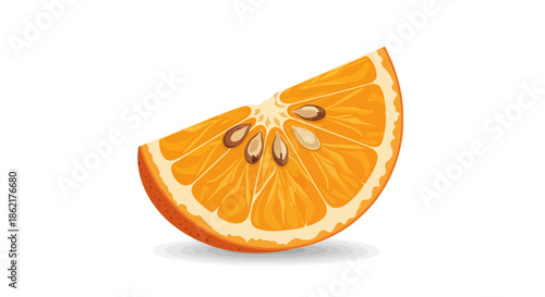 A close-up illustration of a single, juicy orange slice with visible seeds and segments, isolated on a white background.