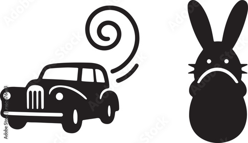 A sad bunny watches an old car with a swirling smoke trail